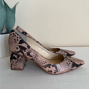 Marc Fisher Blush Black Snakeskin Leather Pointed Toe Block Heel Pumps